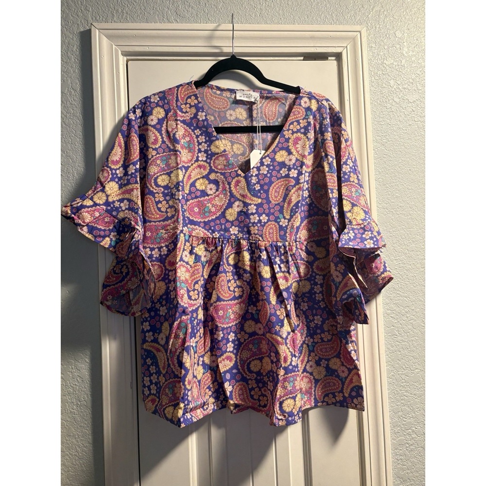 Emily Wonder Paisley Boho Blouse Large Purple Pink Retro Ruffle Sleeve NWT